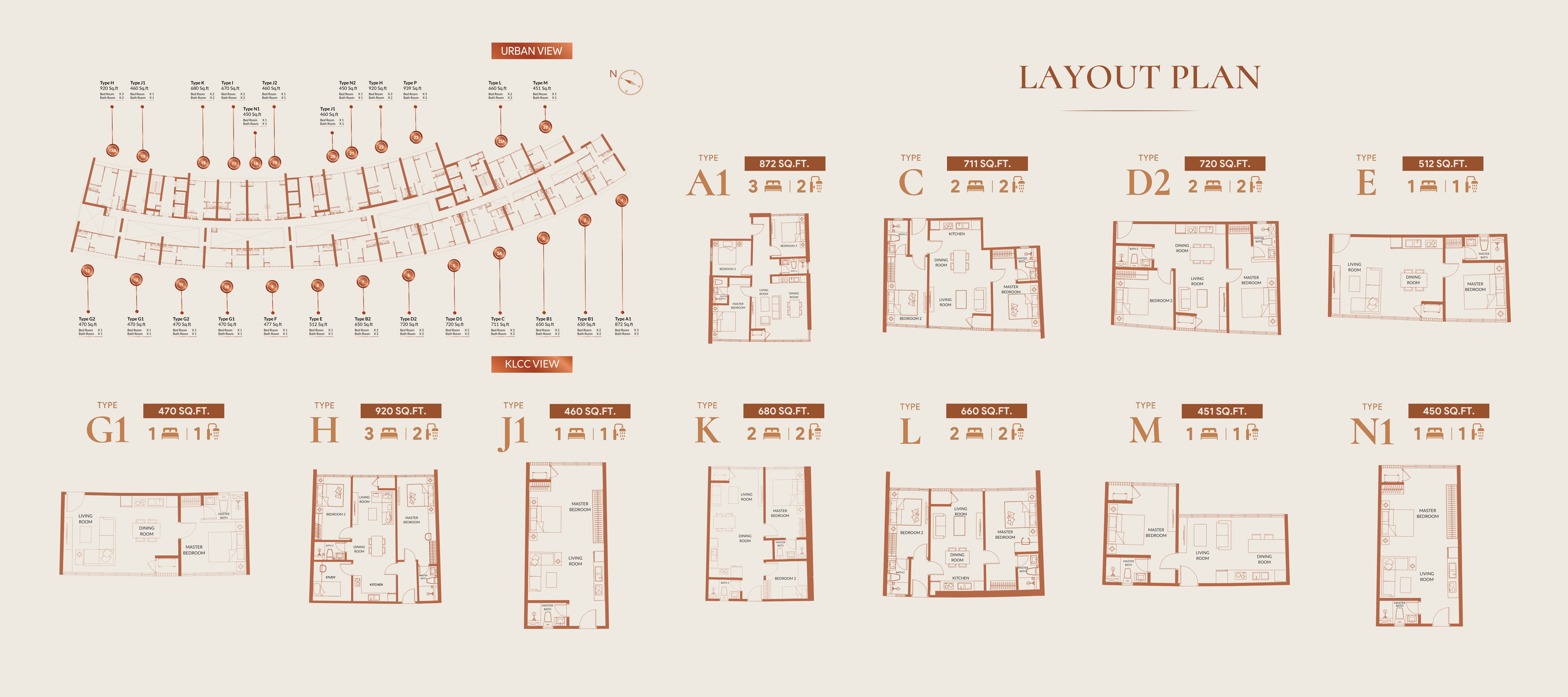 KL360 detailed unit types blueprint scheme showing 21 floor layouts from 450 to 920 sqft